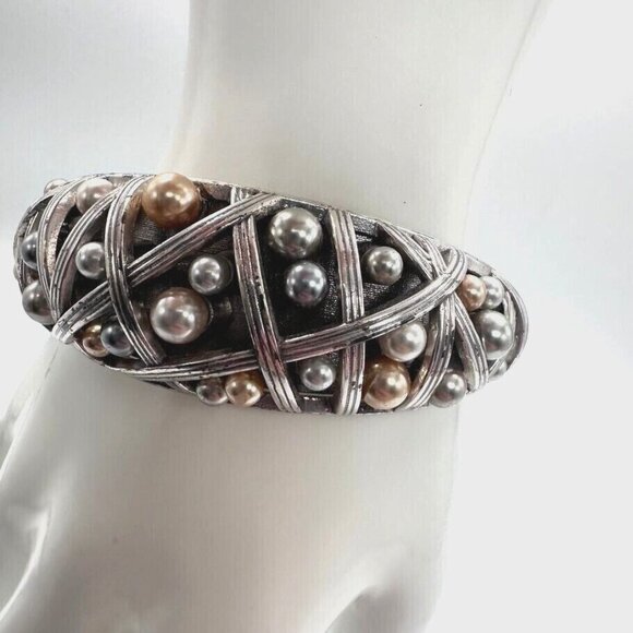 Brighton Bracelet Hinged Silver Tone Imitation Pearls Cuff Magnetic Closure - Picture 11 of 14
